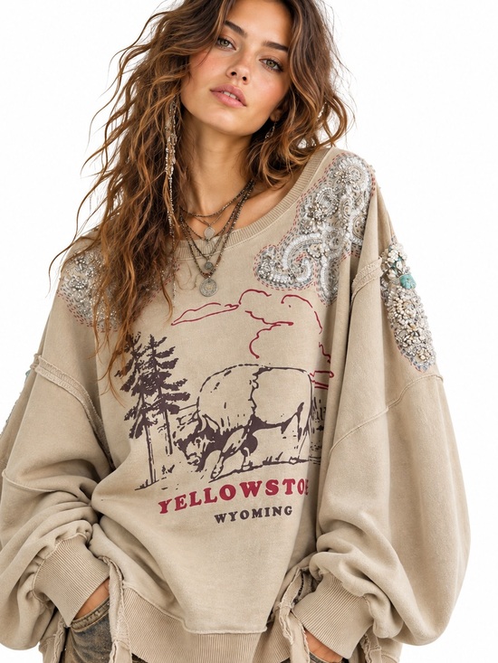 Free People Sweaters - Free People Beige Yellowstone Embellished Crewneck Sweater